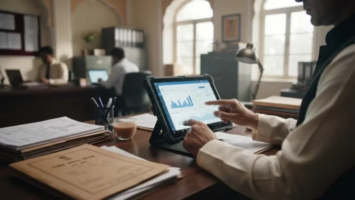 Government office desk with digital tablet and official documents representing public procurement